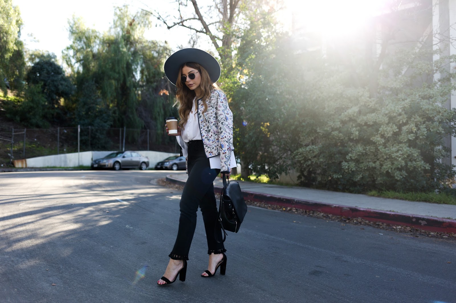 Stiletto Beats, new york and company, eva mendez, embroidered jacket, bell sleeve blouse, brixton hat, fringe jeans, los angeles blogger,