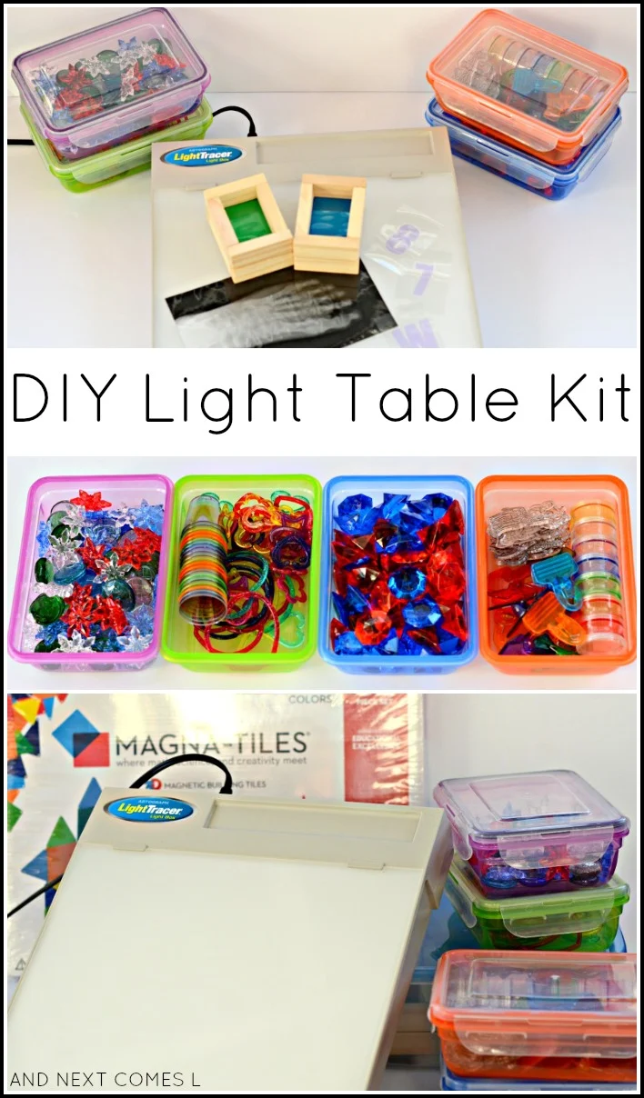 DIY light table kit for kids that includes lots of dollar store items and homemade accessories from And Next Comes L