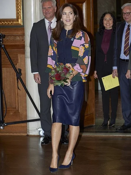 Crown-Princess Mary wore Massimo Dutti coat,and Roksanda paneled jacquard blouse. Mads Z Jewellery gold ring and earrings