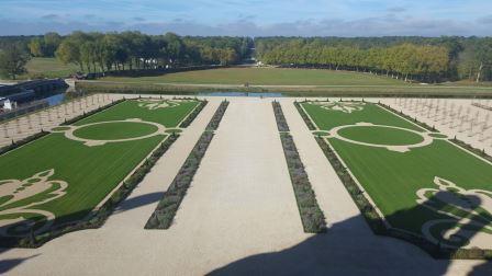 Looking down from the rooftop onto the formal gardens of Chateau de Chambord in the Loire Valley 
