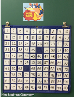 Photo of pocket 100s chart with "Swiper Challenge" and missing numbers