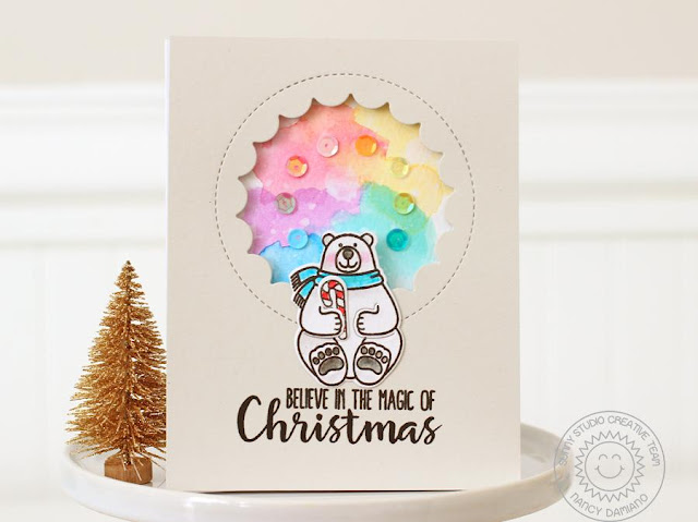 Sunny Studio Stamps: Playful Polar Bears Rainbow Background Christmas Card by Nancy Damiano