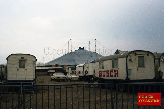 Roulotes d'habitations, alignées à l'arrière du chapiteau du cirque Busch, Housewheels, lined up behind Busch circus tent