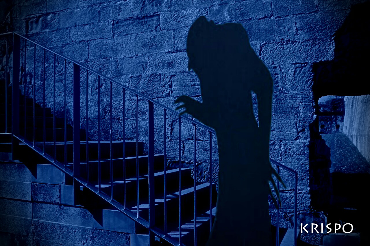 sombra o silueta de nosferatu subiendo escaleras de noche