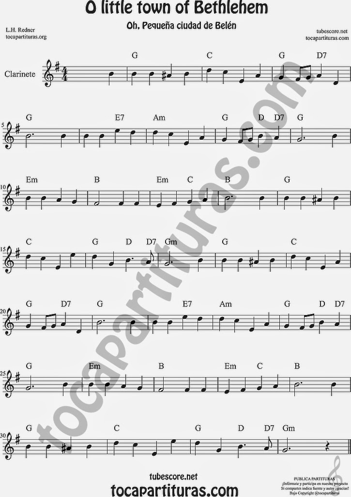 O little town of Bethlehem Partitura de Clarinete Sheet Music for Clarinet Music Score