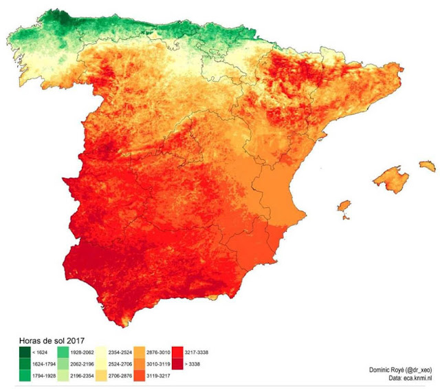 CURIOSO POR NATURALEZA: ESPAÑA. MAPA. HORAS DE SOL EN 2017