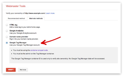 Google Tag Manager shown in the list of supported verification methods