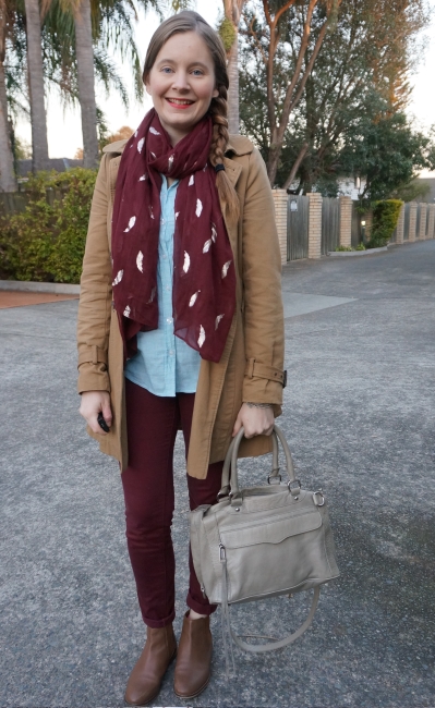 denim shirt burgundy pants