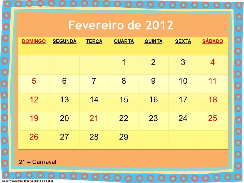 Calendário Fevereiro 2012 Feriados, Imprimir