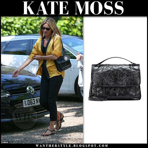 Kate Moss in yellow silk shirt with black leather bag in London on May 23 ~  I want her style - What celebrities wore and where to buy it. Celebrity  Style