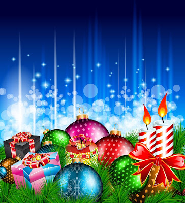 Esferas, regalos y velas en postal navideña