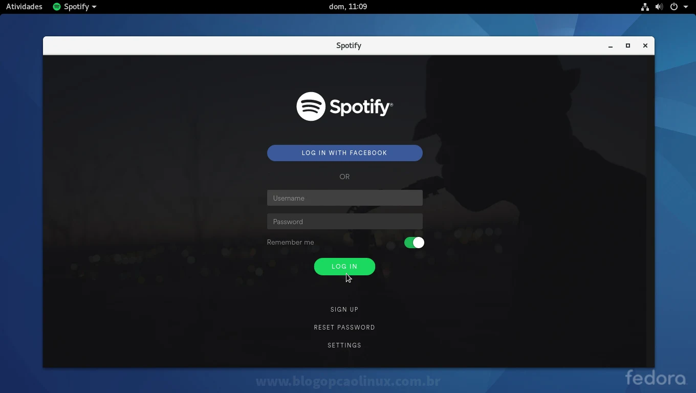 Spotify executando no Fedora 25 Workstation com desktop GNOME