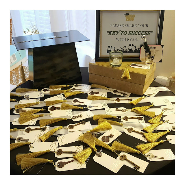 green and gold table decorations, eventsojudith, graduation party, guests signing, key signs, creative guest tables