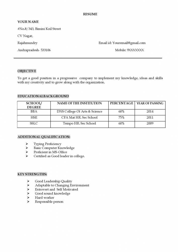 resume format for freshers sample