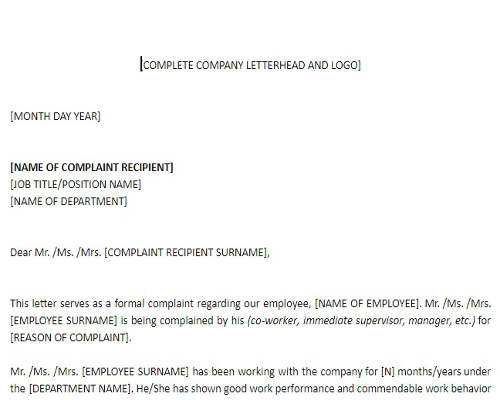 Complaint Letter Against Employee Complaint Letter Against Employee