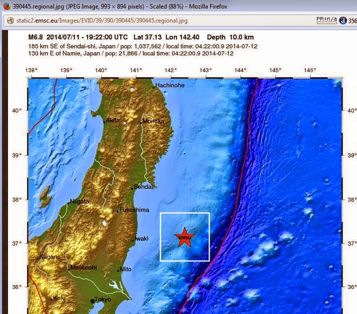 An earthquake with magnitude 6.8 occurred near Iwaki, Honshu, Japan