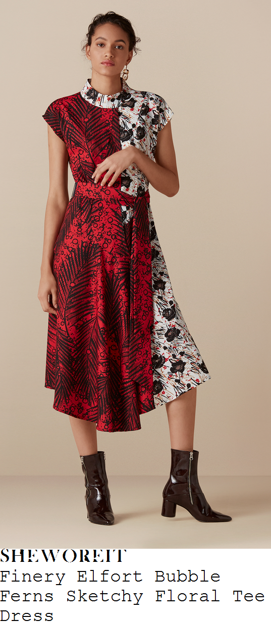 helen-skelton-finery-elfort-red-black-white-and-orange-fern-leaf-floral-and-bubble-print-cap-sleeve-high-neck-tie-waisted-draped-asymmetric-midi-dress