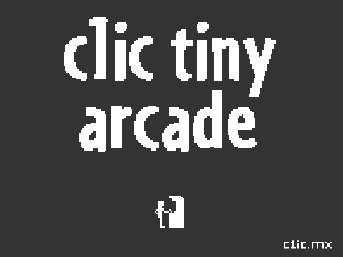 c1ic tiny arcade. Black and white image of a 1970s computer style character playing a video game. C1ic.mx.