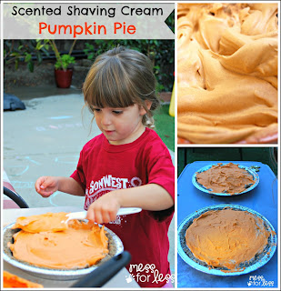 Scented Shaving Cream Pumpkin Pie - This fall sensory activity allows kids to create a play pumpkin pie using sand and shaving cream.