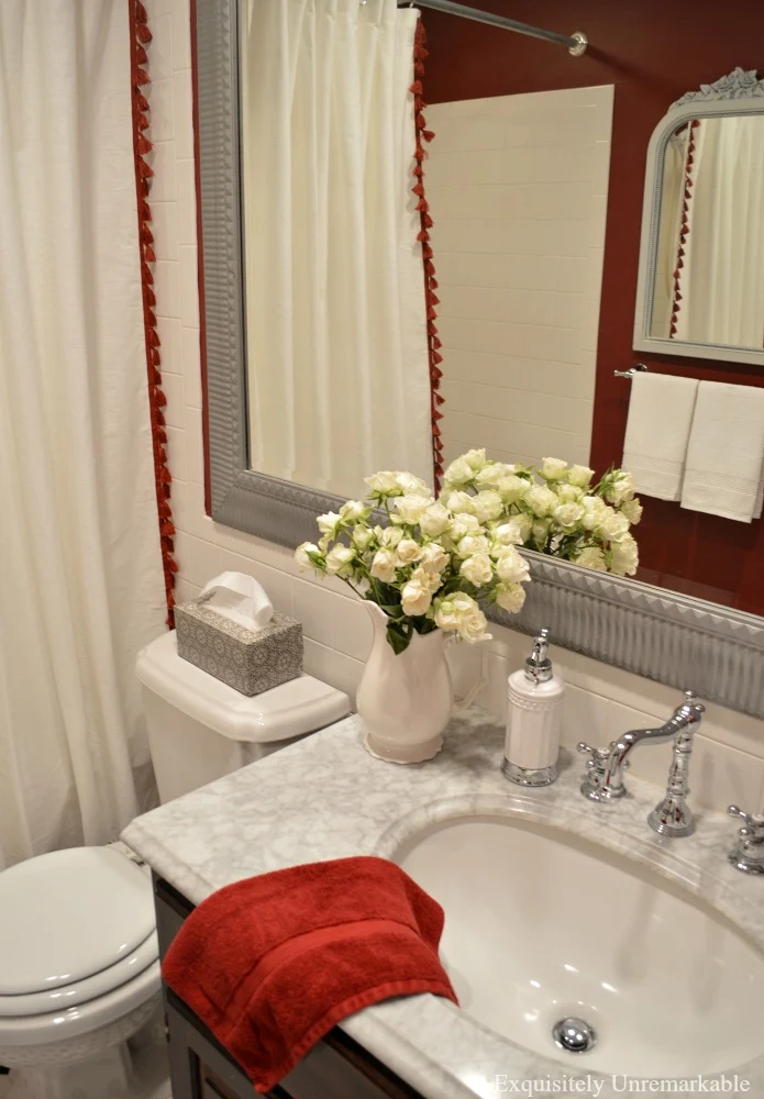 Red and white cottage bathroom