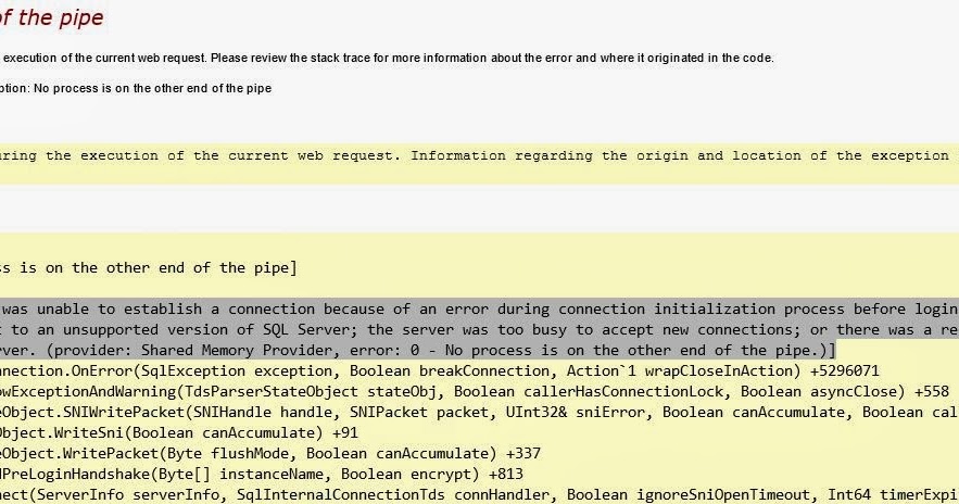 Shared Memory Provider, error: 0 - No process is on the other end of ...
