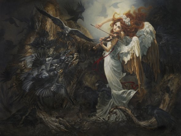 Dragões, anjos, princesas Disney e outros personagens de fantasia nas pinturas de Heather Theurer Heather Theurer arte pinturas fantasia religião simbolismo dragões anjos princesas disney