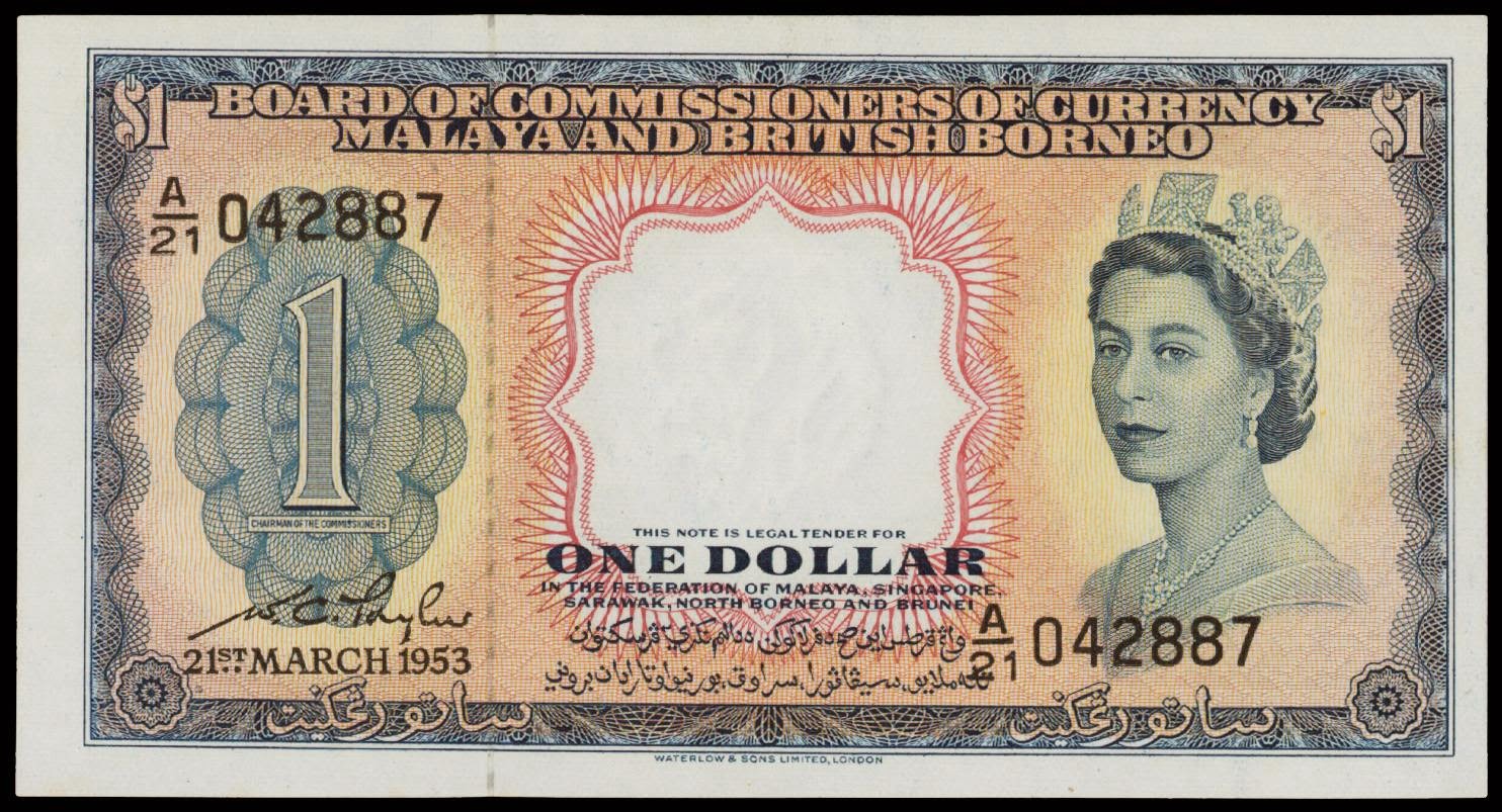 Malaya and British Borneo banknotes One Dollar Note 1953 Queen Elizabeth II