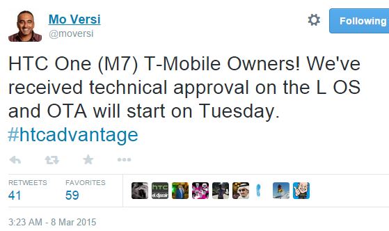 T-Mobile One M7 update to Android 5.0 will begin rolling out on March 10 T-Mobile's HTC One M7 to get Lollipop update on March 10