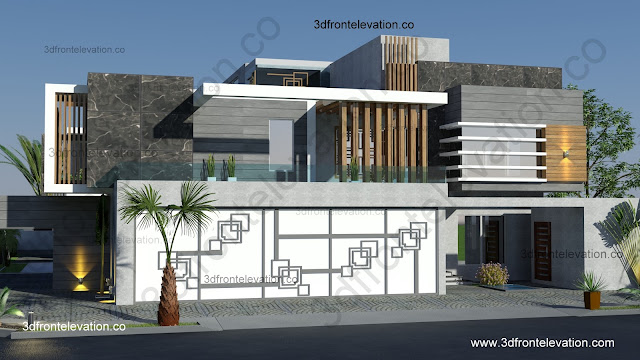 3D Front Elevation com Contemporary Villa house design 