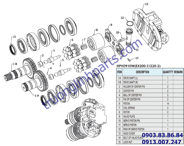 Cấu tạo bơm thủy lực hpv 091 lắp cho xe Hitachi ex200-2 ex220-2 ex200-3, ex220-3