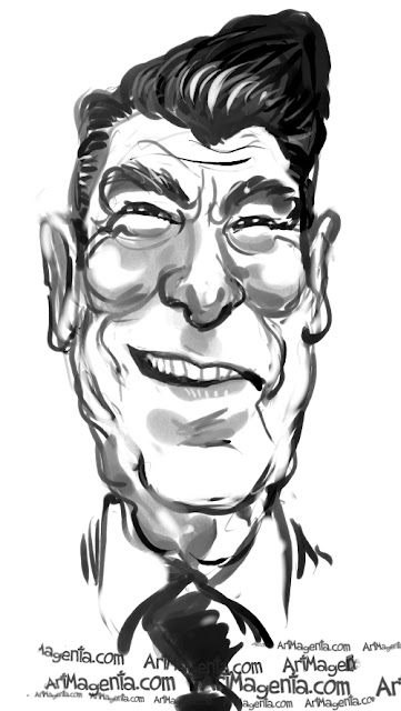 Ronald Reagan caricature cartoon. Portrait drawing by caricaturist Artmagenta
