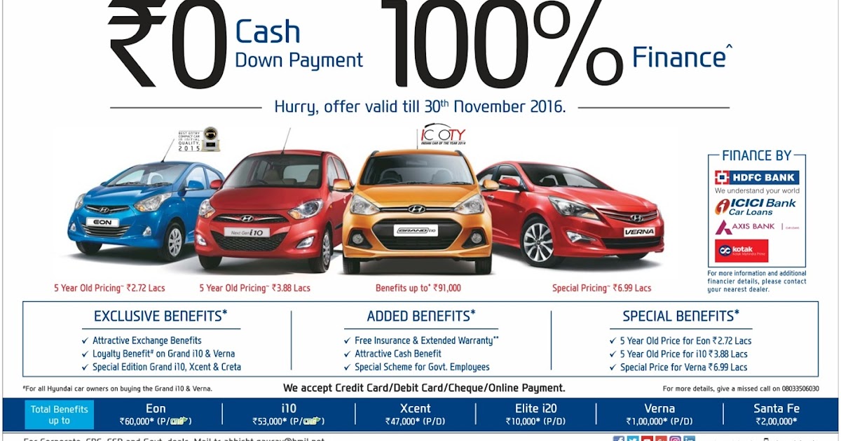 Zero (0) down payment and 100 on road funding on Hyundai cars