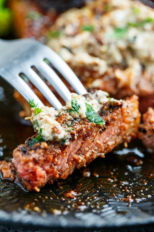 Pan Seared Steaks with Balsamic Red Onions and Roasted Garlic and Porcini Mushroom Goat Cheese Butter