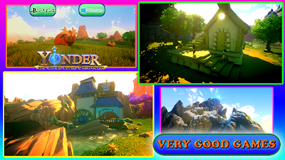 A banner for the review of Yonder: The Cloud Catcher Chronicles - an adventure game for  PS4 and PC