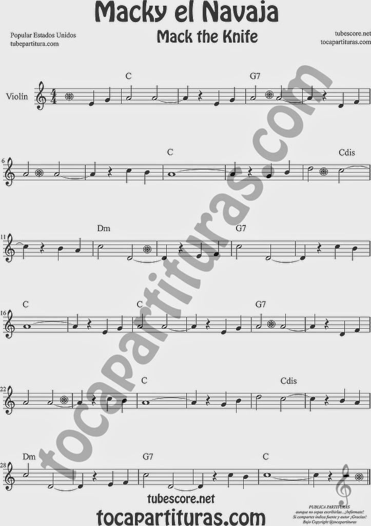  Macky el Navaja Partitura de Violín Sheet Music for Violin Music Scores Music Scores Mack the Knife USA de Kurt Weill 