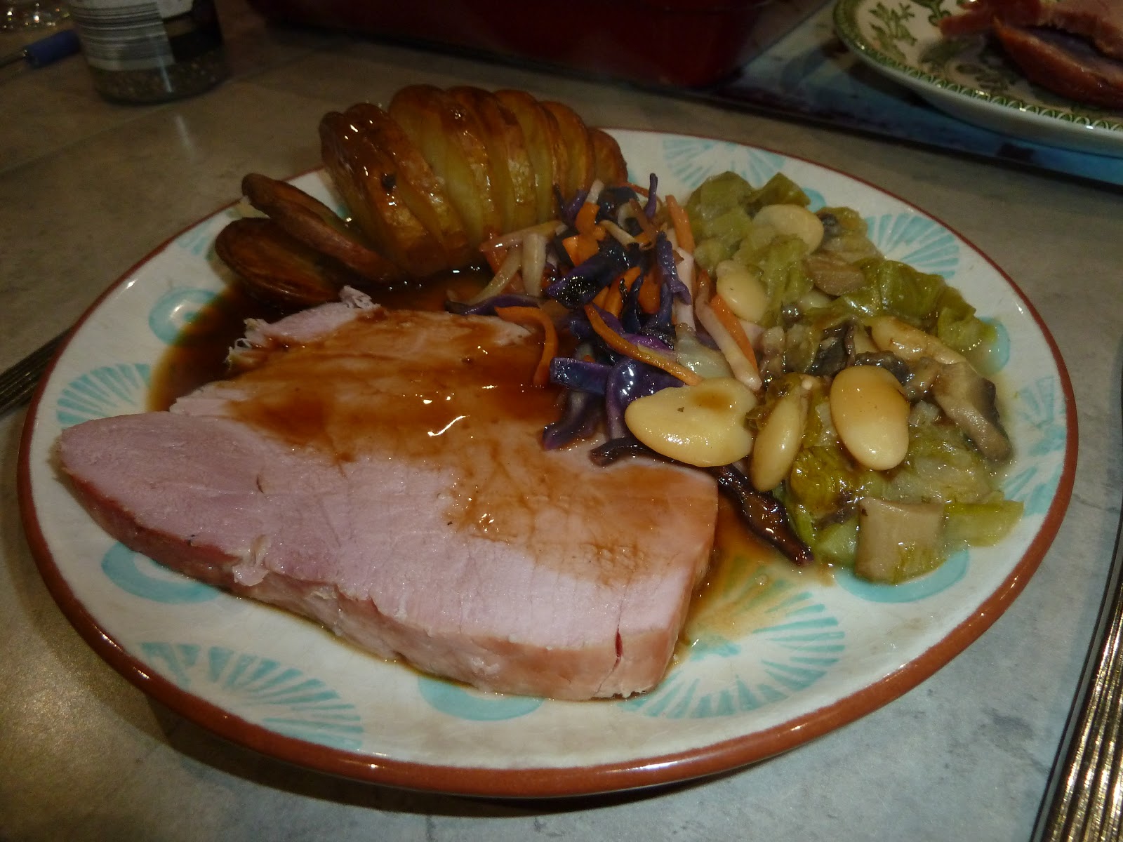 Kitchen Fairies Roast gammon, with hasselback potatoes, butter bean