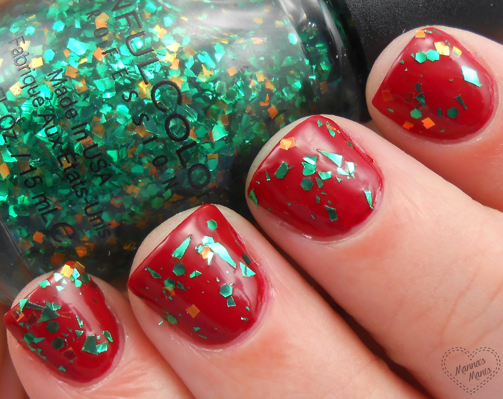 sinful colors galax-sea, a multi shaped green and gold glitter nail polish
