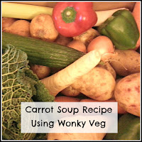 Carrot Soup using Wonky Veg Close up of the contents of the wonky veg box, with title overlaid
