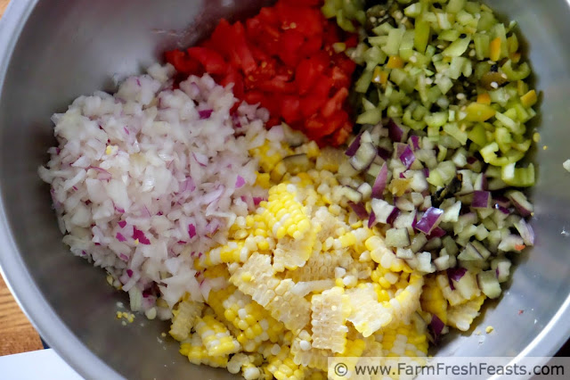 the ingredients for roasted corn and hatch chile salsa