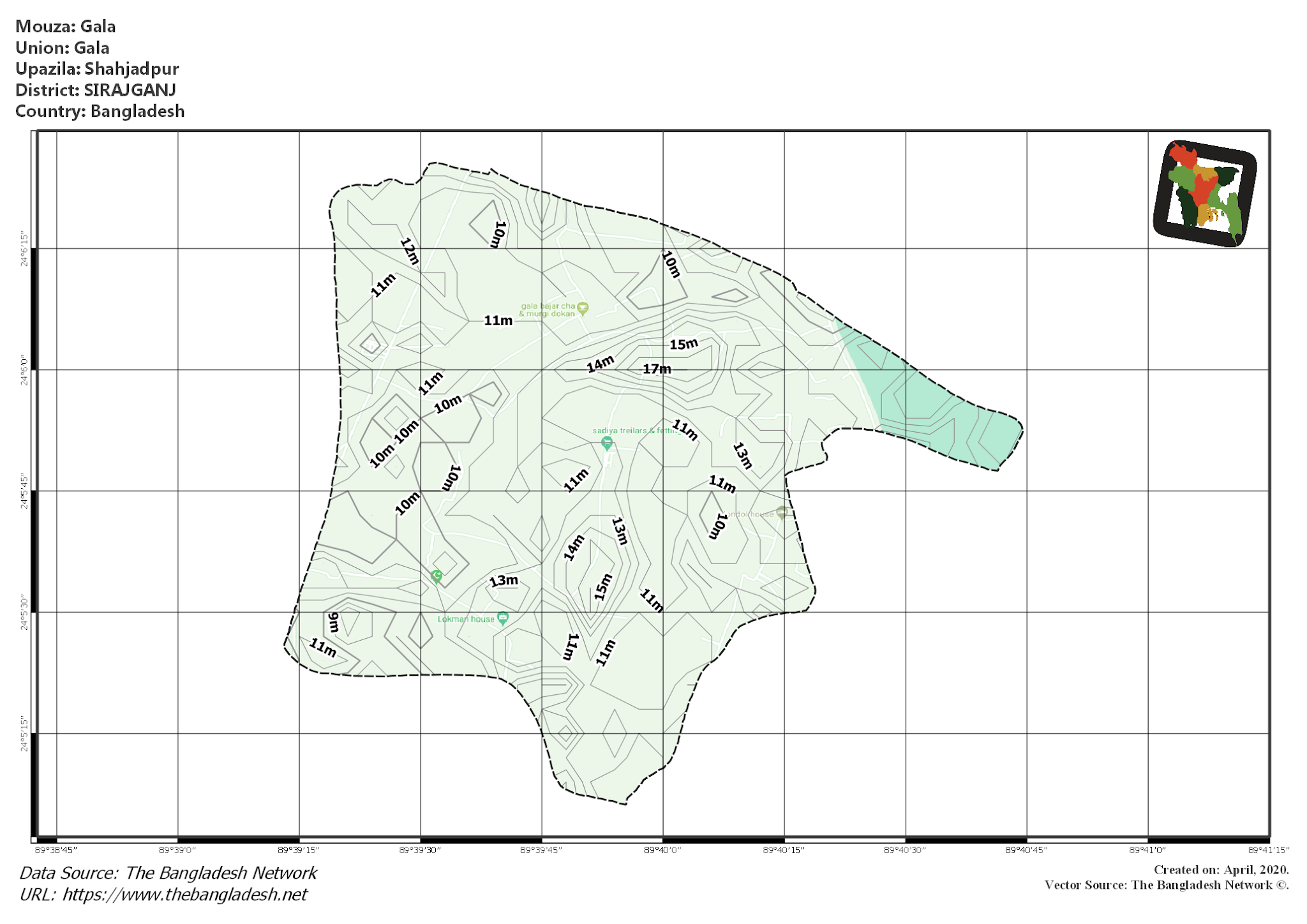 Map of Gala Mouza of Shahjadpur Upazila, SIRAJGANJ, Bangladesh.