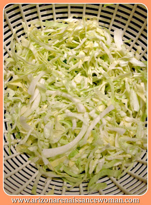 Sliced Cabbage for Pecan Crusted Catfish Tacos with Meunière Aioli and Spicy Tomato and Herb Salsa