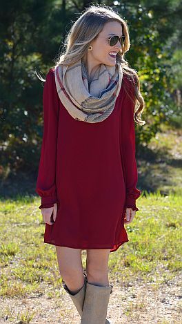 Street style | Burgundy dress, knee boots and infinity scarf | Just a ...