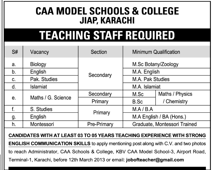 Teacher recruitment advertisement in news papers