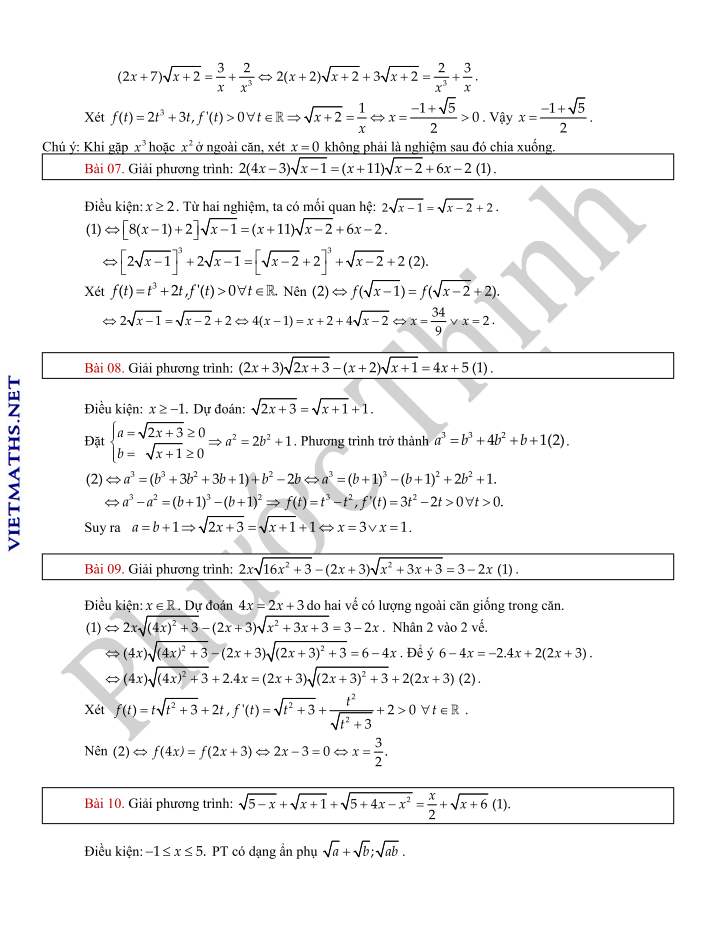 Phương pháp hàm số giải phương trình vô tỷ phần 3