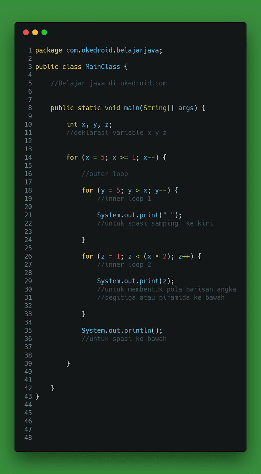 Contoh Program Membuat Segitiga Bintang Dan Angka Di Java Okedroid Belajar Coding Java Android Tips Dan Trik