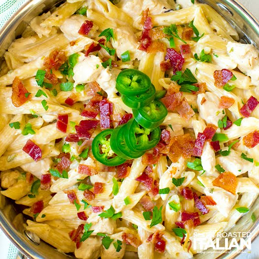 one pot pasta dinner with chicken, cheese, and jalapenos