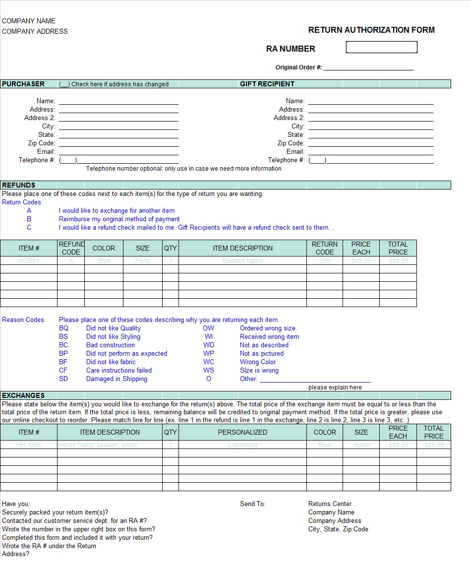 Return Authorization Form Template Excel