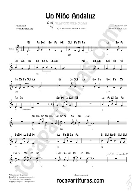 Un Niño Andaluz Partituras con Notas en Letras (Español) Villancico en Clave de Sol Spanish Notes Sheet Music Carol Song Treble Clef