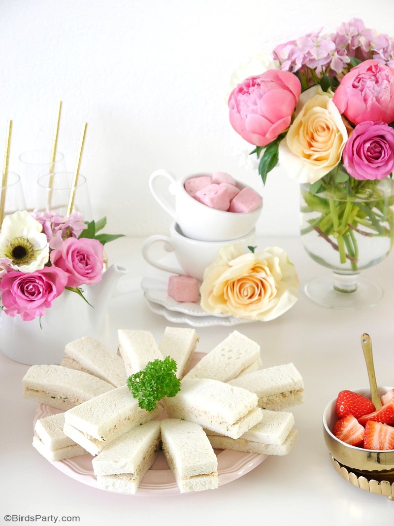 Styling a Pretty Royal High Tea Party - easy DIY decor, food and favor ideas to celebrate the royal wedding, mother's day or a bridal shower! by BirdsParty.com @birdsparty #royalwedding #teaparty #hightea #highteaparty #teapartyideas #britishparty