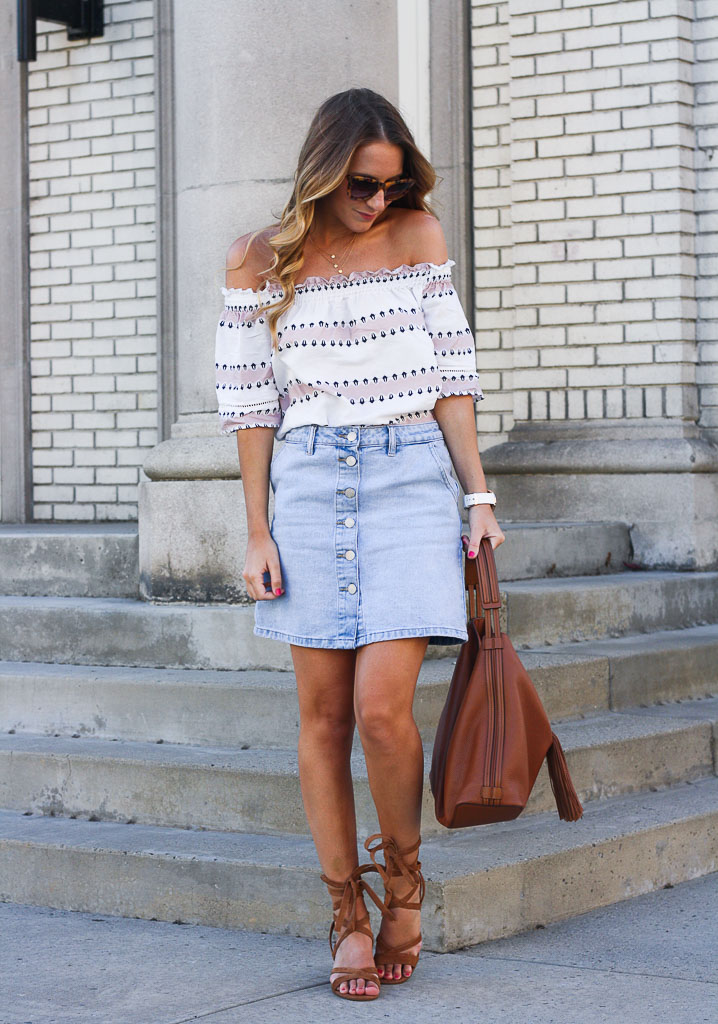 Denim Skirt and an Off the Shoulder Top - Twenties Girl Style